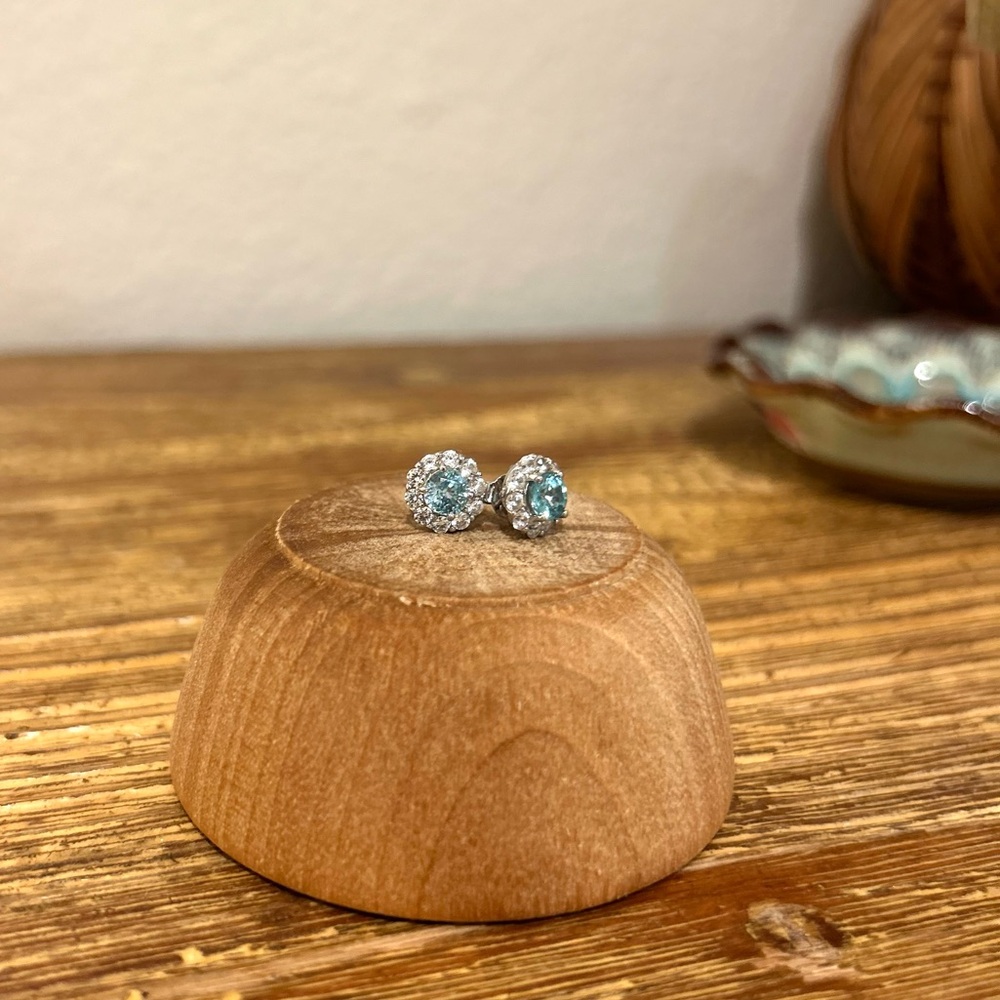 Genuine Blue Topaz White Topaz Halo Stud Post Earrings 925 Sterling Silver